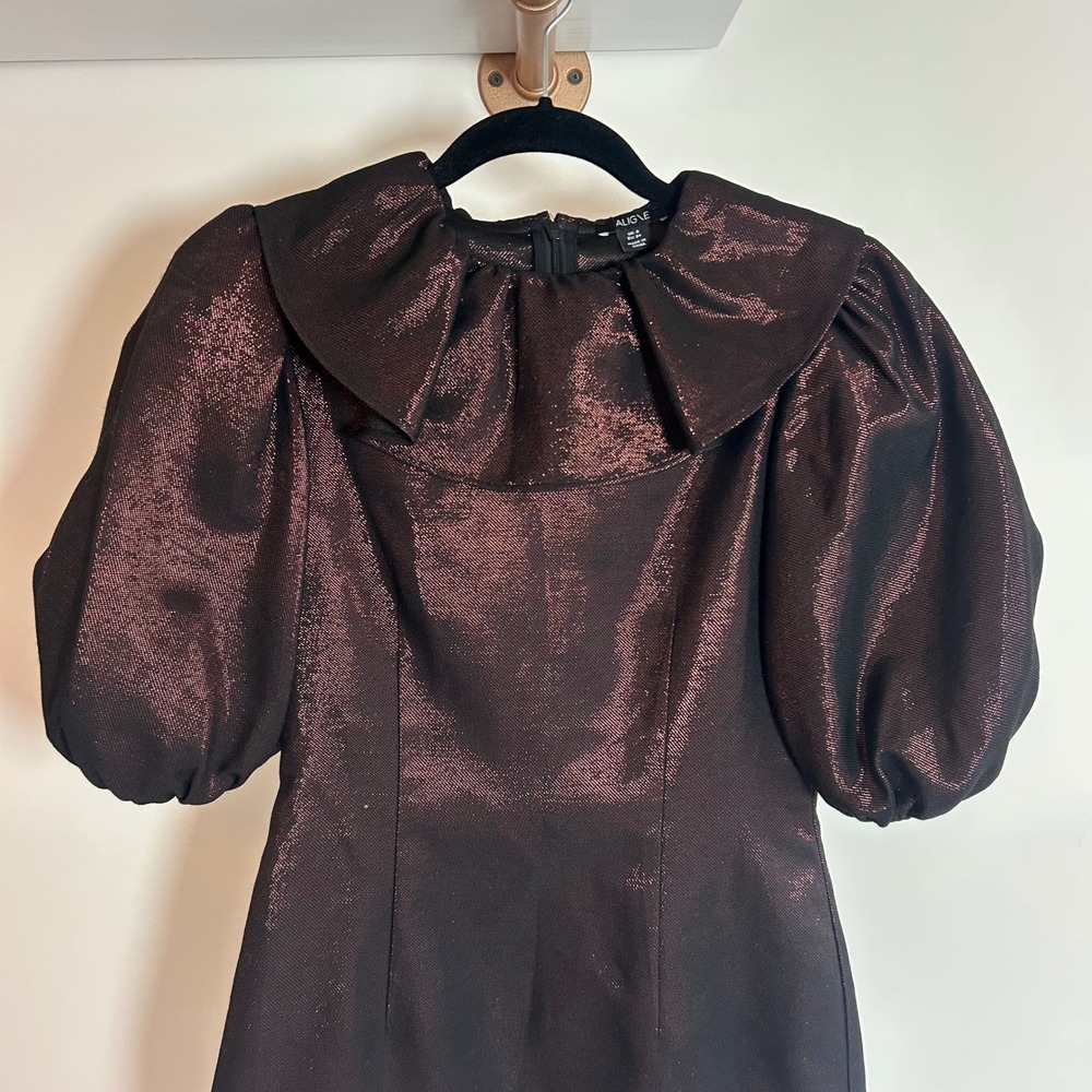 Aligne Dramatic Puff Sleeve Metallic Mini Dress Merlot Sparkle - Picture 2 of 4